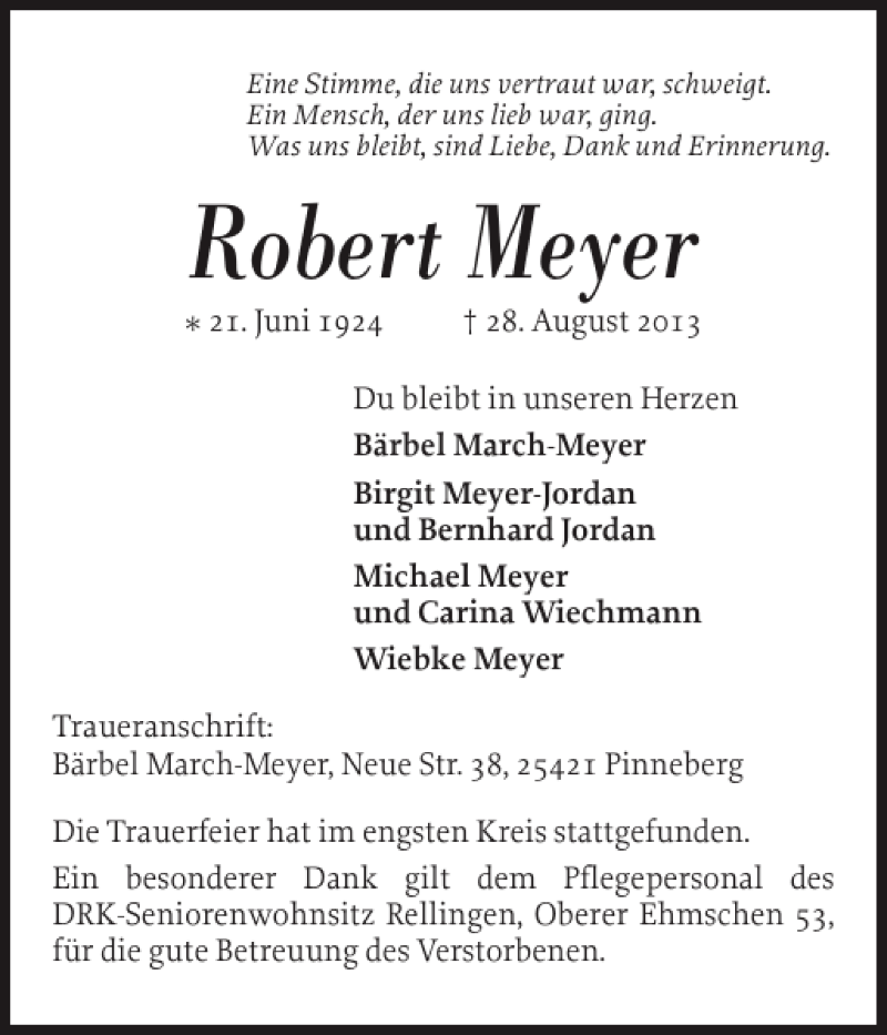  Traueranzeige für Robert Meyer vom 07.09.2013 aus Pinneberger Tageblatt