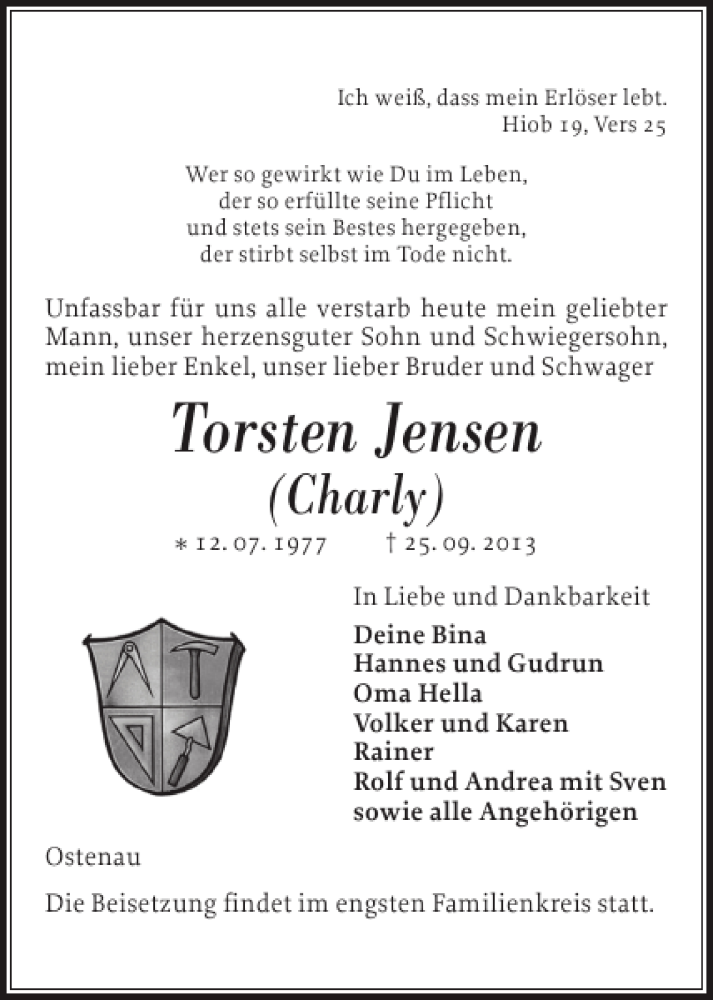  Traueranzeige für Torsten Jensen vom 28.09.2013 aus Flensburger Tageblatt