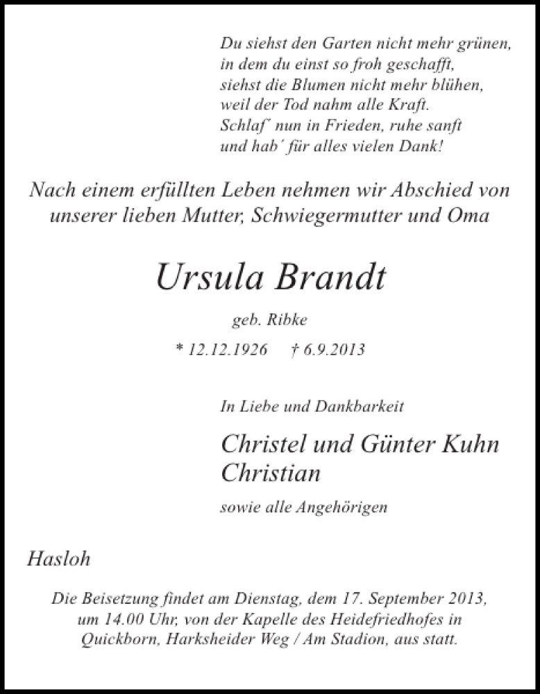  Traueranzeige für Ursula Brandt vom 11.09.2013 aus Pinneberger Tageblatt