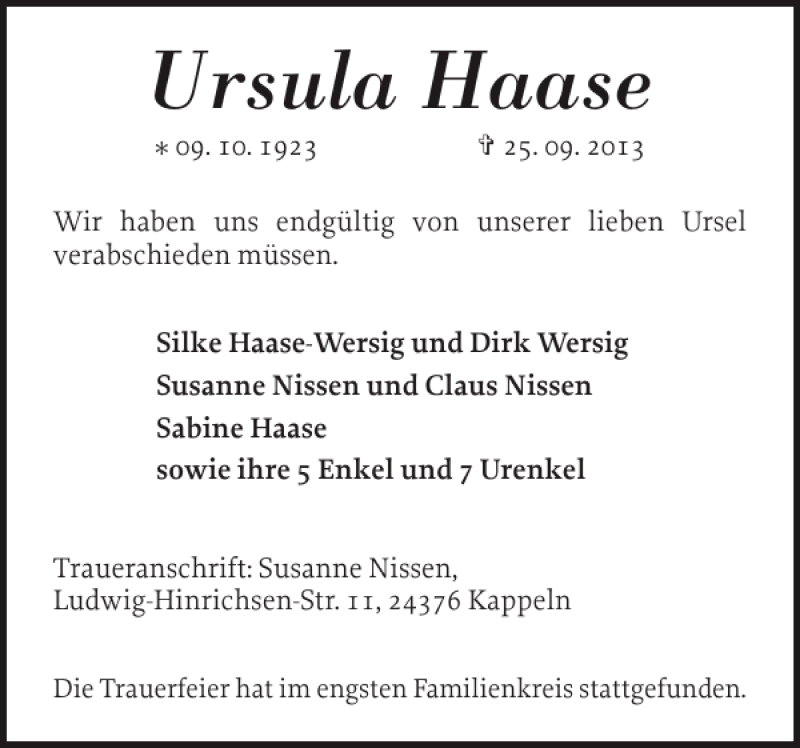  Traueranzeige für Ursula Haase vom 30.09.2013 aus Schlei-Bote