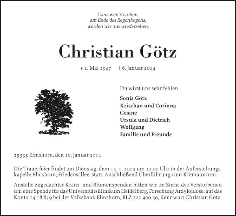  Traueranzeige für Christian Götz vom 10.01.2014 aus Elmshorner Nachrichten