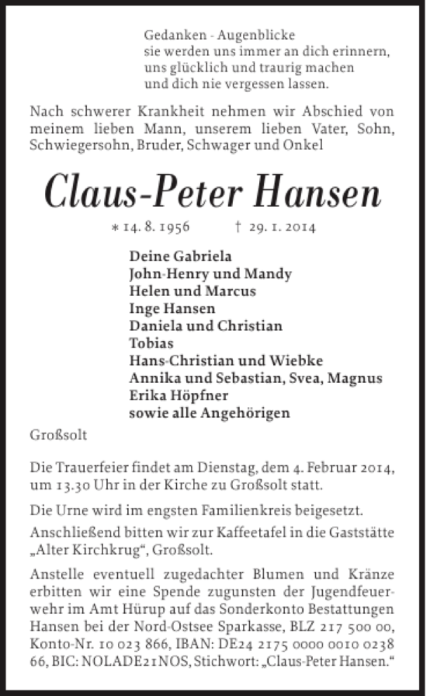  Traueranzeige für Claus-Peter Hansen vom 30.01.2014 aus Flensburger Tageblatt