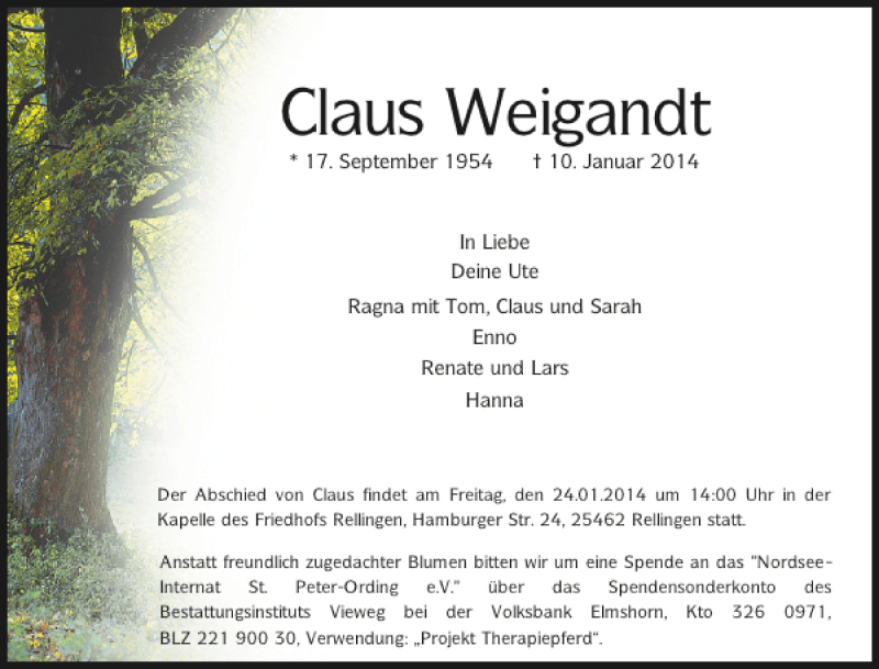  Traueranzeige für Claus Weigandt vom 15.01.2014 aus Husumer Nachrichten