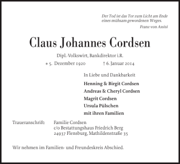 Traueranzeige von Claus Johannes Cordsen von Flensburger Tageblatt