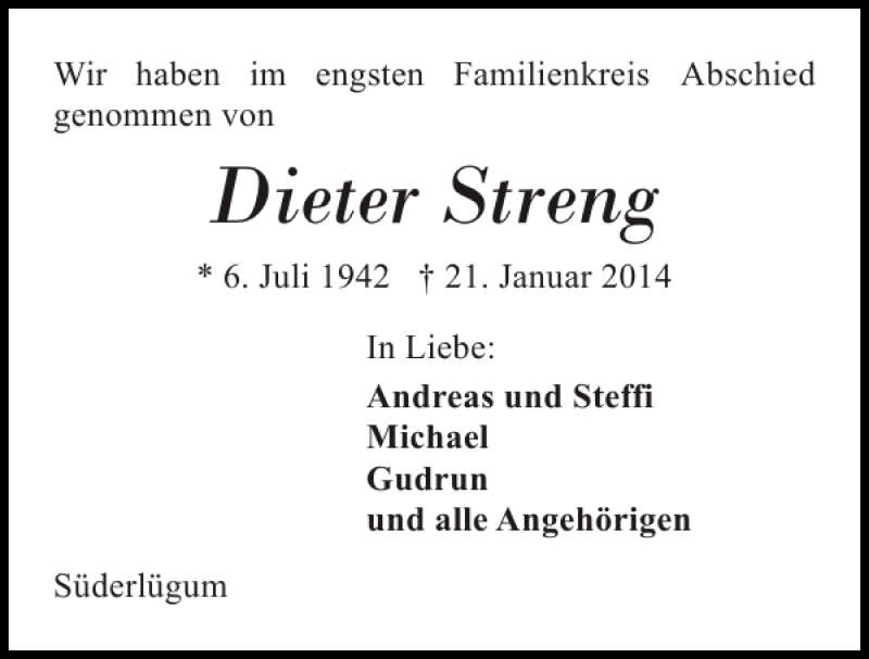  Traueranzeige für Dieter Streng vom 27.01.2014 aus Flensburger Tageblatt