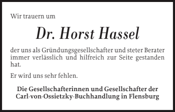 Traueranzeige von Dr. Horst Hassel von Flensburger Tageblatt