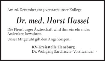 Traueranzeige von Dr. med. Horst Hassel von Flensburger Tageblatt