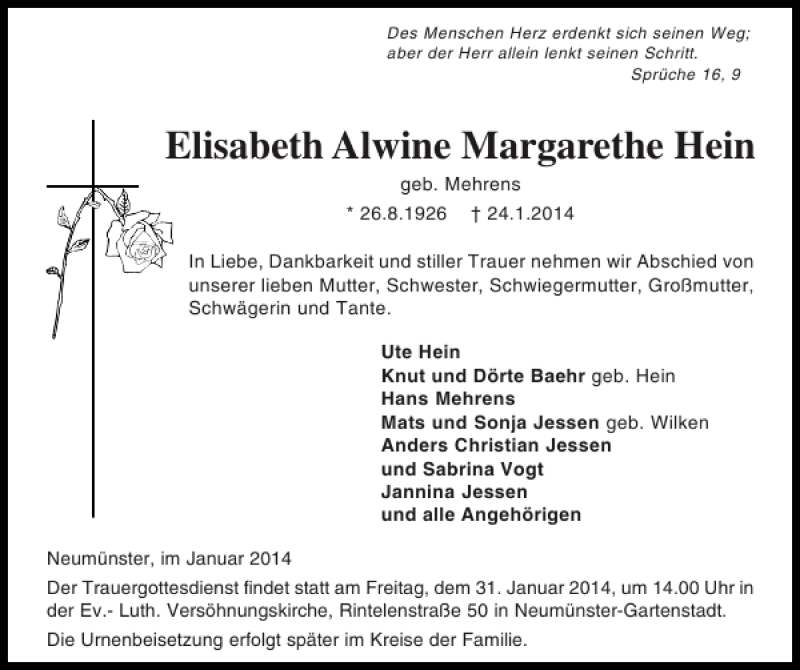 Traueranzeige für Elisabeth Alwine Margarethe Hein vom 28.01.2014 aus Holsteinischer Courier