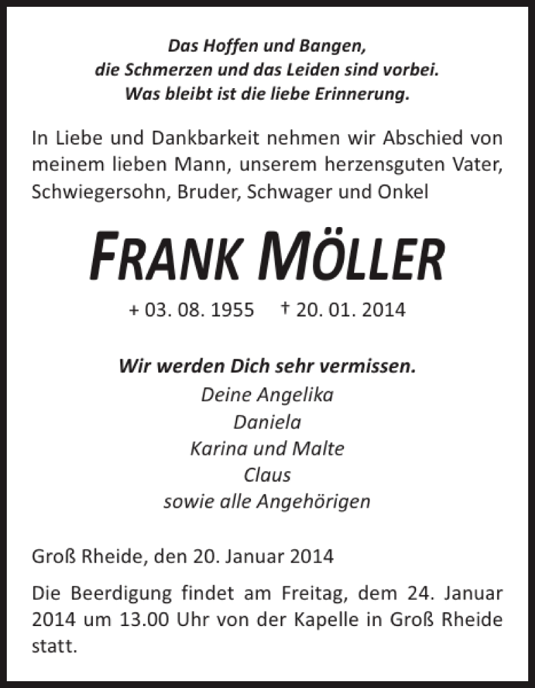  Traueranzeige für FRANK MÖLLER vom 22.01.2014 aus Schleswiger Nachrichten