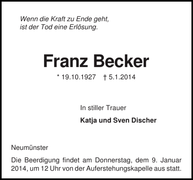  Traueranzeige für Franz Becker vom 08.01.2014 aus Holsteinischer Courier