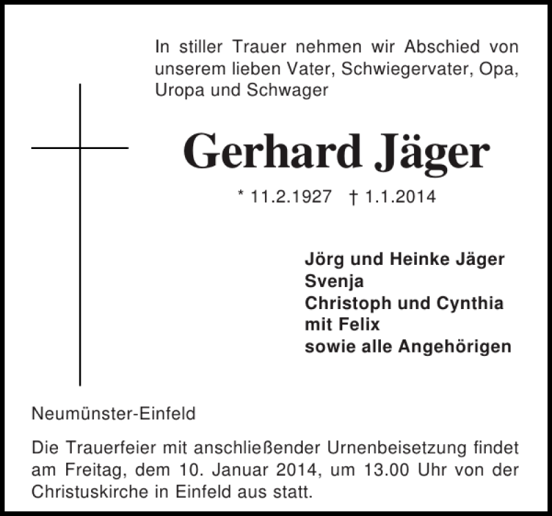  Traueranzeige für Gerhard Jäger vom 04.01.2014 aus Holsteinischer Courier