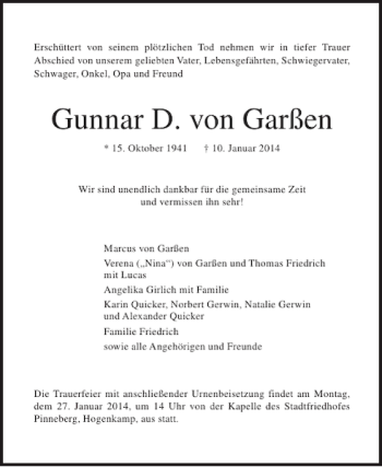 Traueranzeige von Gunnar D. von Garßen von Pinneberger Tageblatt