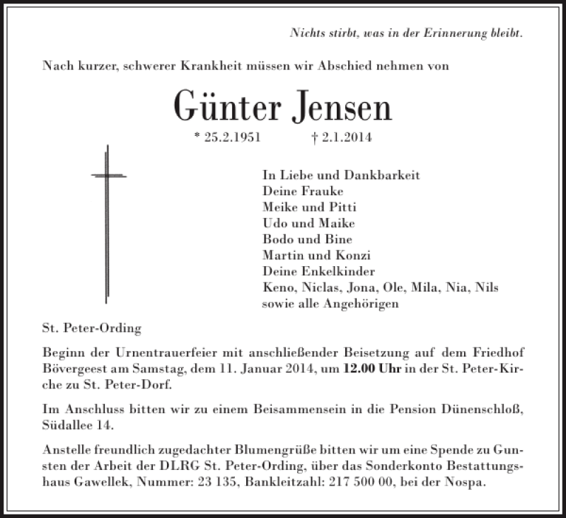  Traueranzeige für Günter Jensen vom 06.01.2014 aus Husumer Nachrichten