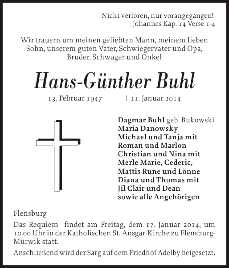  Traueranzeige für Hans-Günther Buhl vom 15.01.2014 aus Flensburger Tageblatt