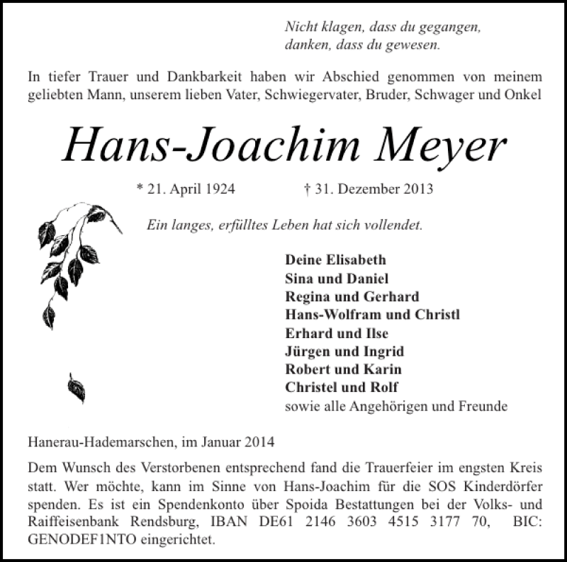  Traueranzeige für Hans-Joachim Meyer vom 11.01.2014 aus Landeszeitung