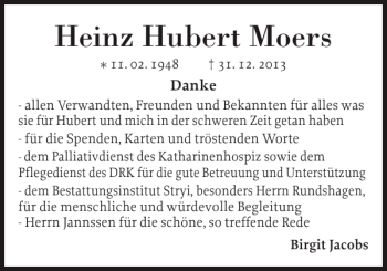 Traueranzeige von Heinz Hubert Moers von Flensburger Tageblatt