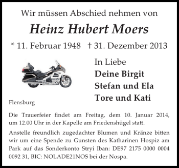 Traueranzeige von Heinz Hubert Moers von Flensburger Tageblatt