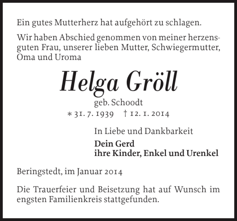  Traueranzeige für Helga Gröll vom 16.01.2014 aus Landeszeitung