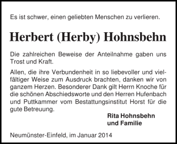 Traueranzeige von Herbert Herby Hohnsbehn von Holsteinischer Courier