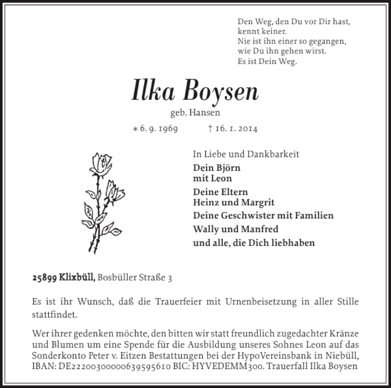  Traueranzeige für Ilka Boysen vom 21.01.2014 aus Nordfriesland Tageblatt
