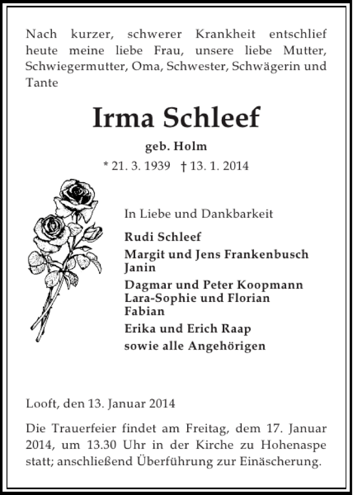  Traueranzeige für Irma Schleef vom 15.01.2014 aus Norddeutsche Rundschau