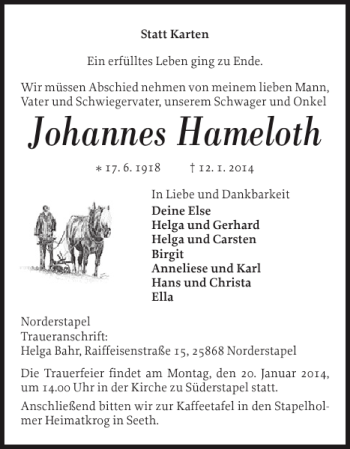 Traueranzeige von Johannes Hameloth von Landeszeitung