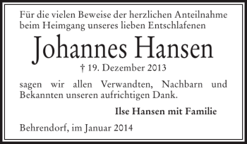 Traueranzeige von Johannes Hansen von Flensburger Tageblatt