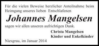 Traueranzeige von Johannes Mangelsen von Flensburger Tageblatt