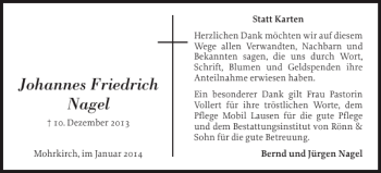Traueranzeige von Johannes Friedrich Nagel von Flensburger Tageblatt
