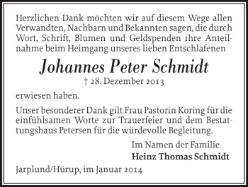 Traueranzeige von Johannes Peter Schmidt von Flensburger Tageblatt