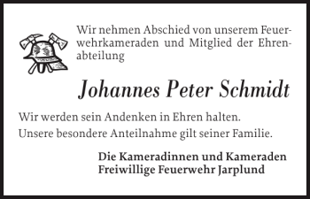 Traueranzeige von Johannes Peter Schmidt von Flensburger Tageblatt