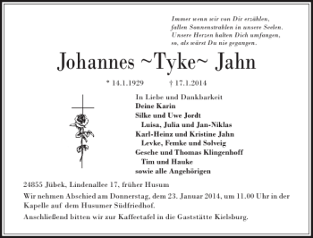Traueranzeige von Johannes Tyke Jahn von Flensburger Tageblatt