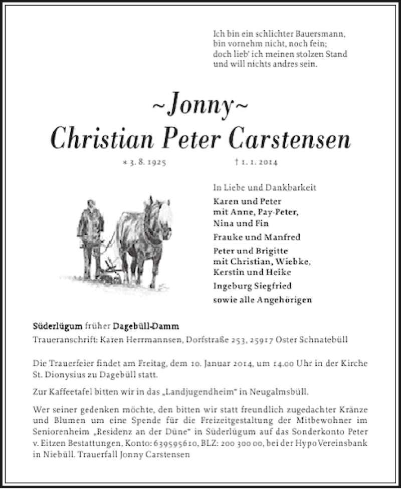  Traueranzeige für Jonny Christian Peter Carstensen vom 03.01.2014 aus Nordfriesland Tageblatt