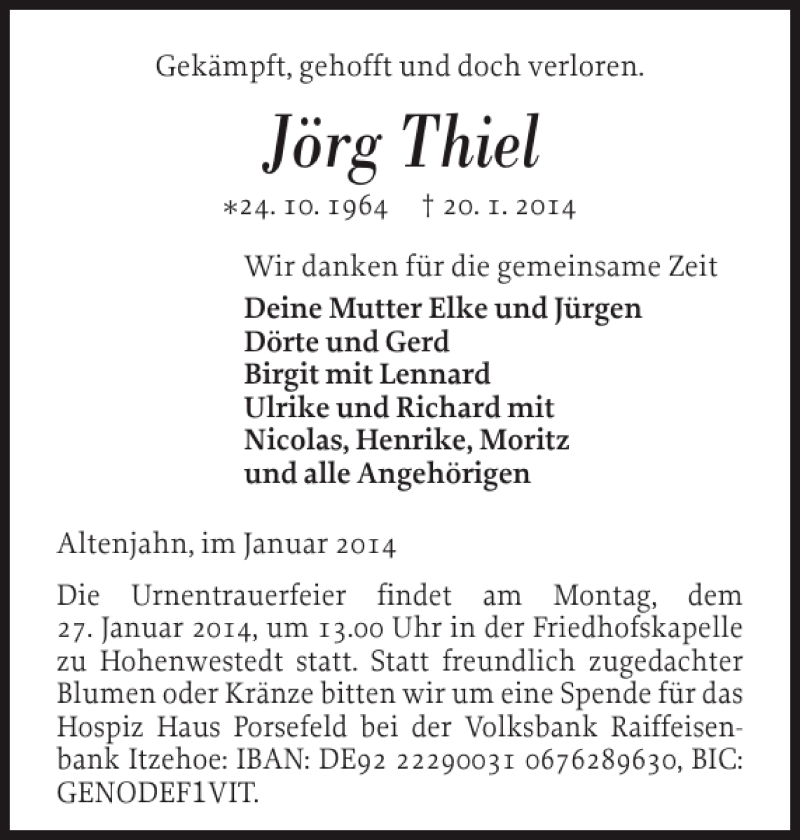  Traueranzeige für Jörg Thiel vom 24.01.2014 aus Landeszeitung
