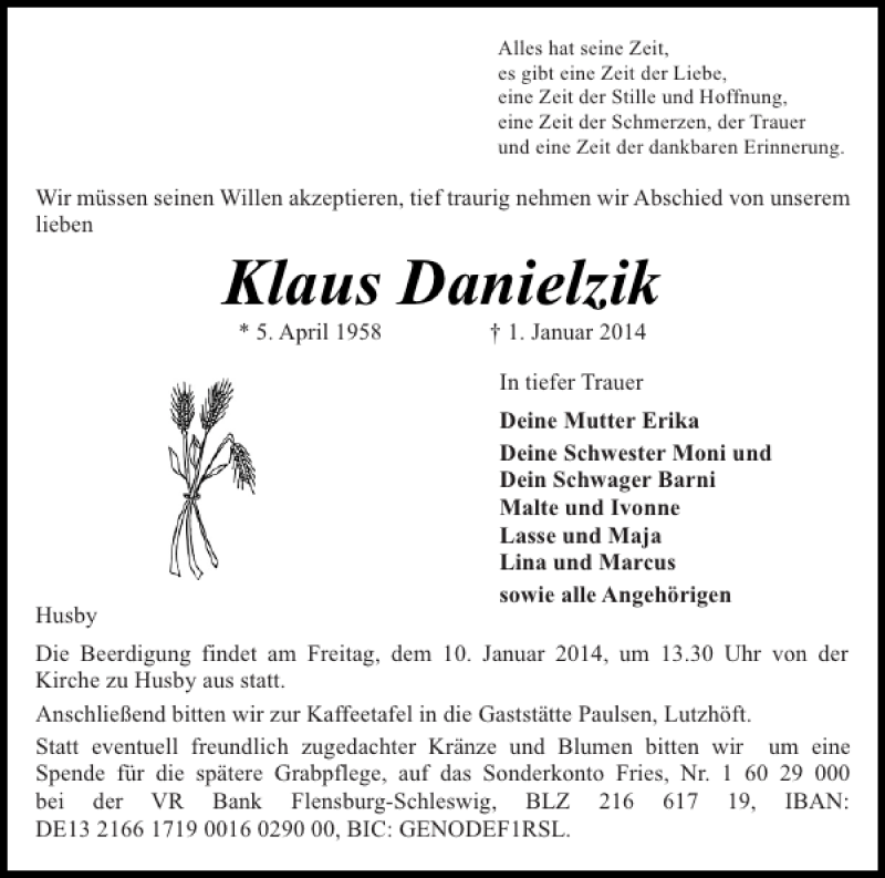  Traueranzeige für Klaus Danielzik vom 04.01.2014 aus Flensburger Tageblatt