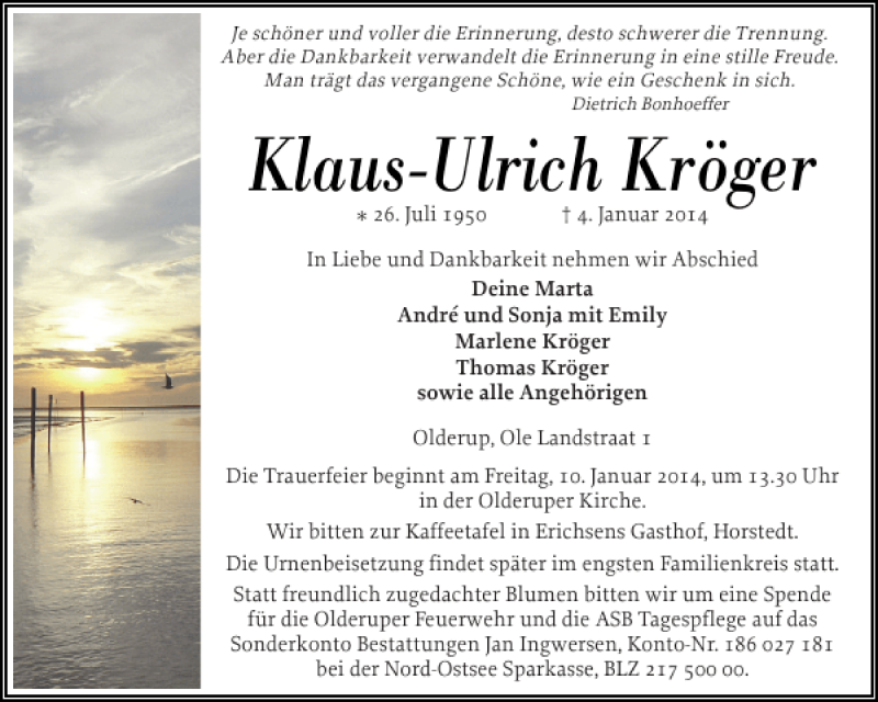  Traueranzeige für Klaus-Ulrich Kröger vom 06.01.2014 aus Husumer Nachrichten