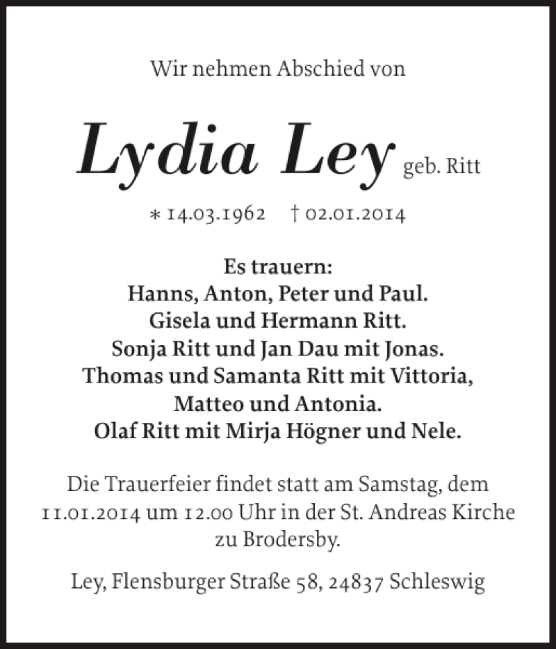  Traueranzeige für Lydia Ley vom 07.01.2014 aus Schleswiger Nachrichten