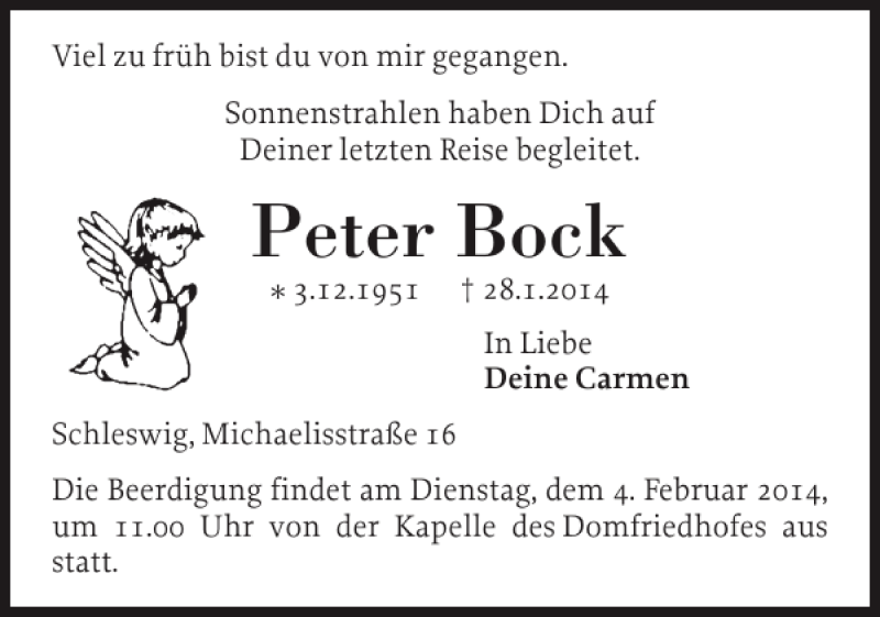  Traueranzeige für Peter Bock vom 31.01.2014 aus Schleswiger Nachrichten
