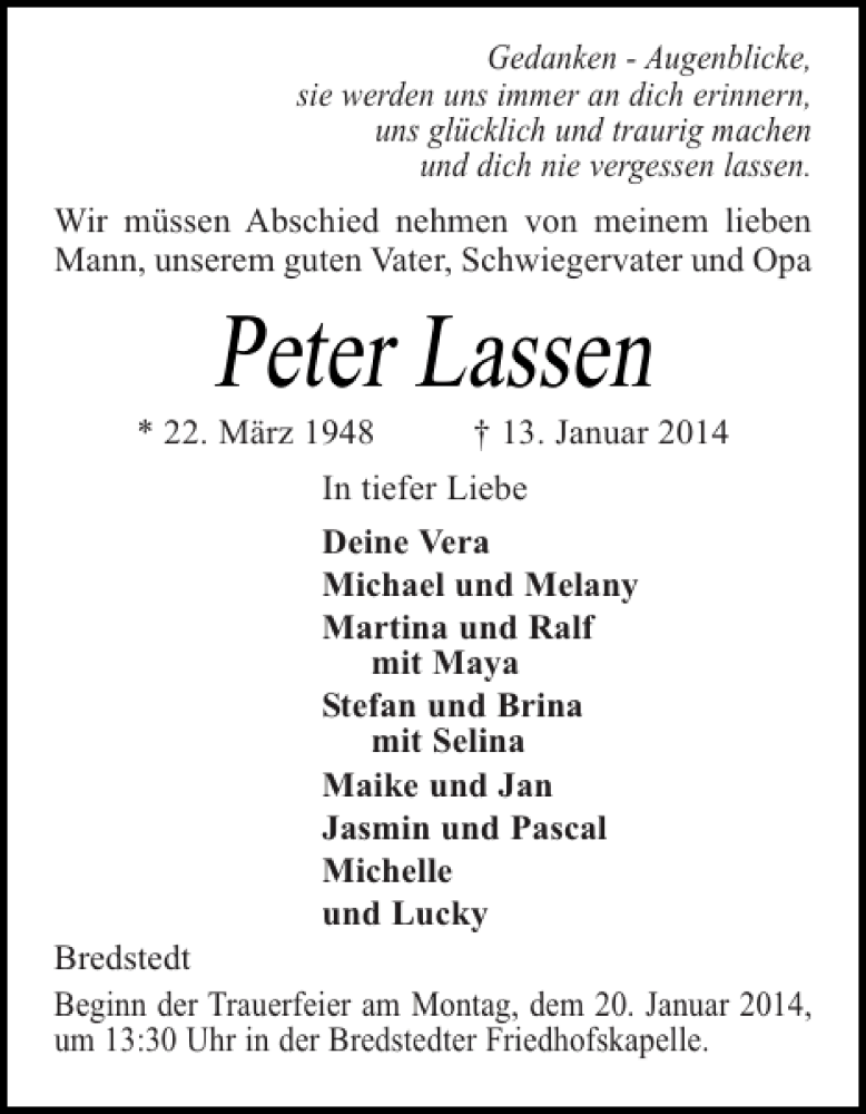 Traueranzeige für Peter Lassen vom 16.01.2014 aus Husumer Nachrichten