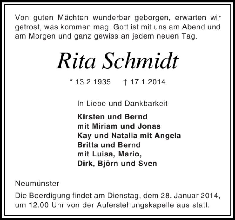  Traueranzeige für Rita Schmidt vom 25.01.2014 aus Holsteinischer Courier