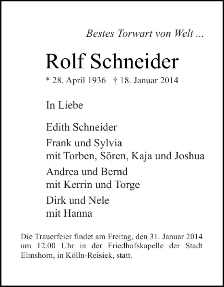  Traueranzeige für Rolf Schneider vom 28.01.2014 aus Elmshorner Nachrichten