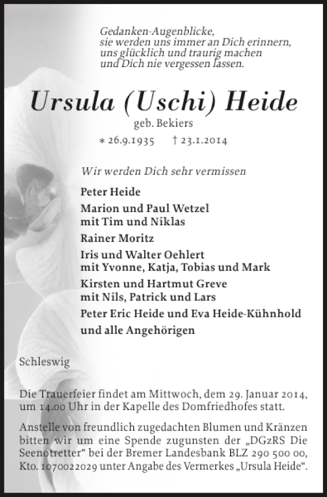  Traueranzeige für Ursula Uschi Heide vom 27.01.2014 aus Schleswiger Nachrichten