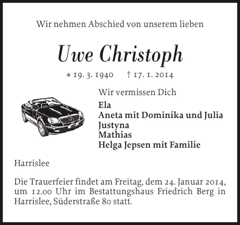  Traueranzeige für Uwe Christoph vom 21.01.2014 aus Flensburger Tageblatt