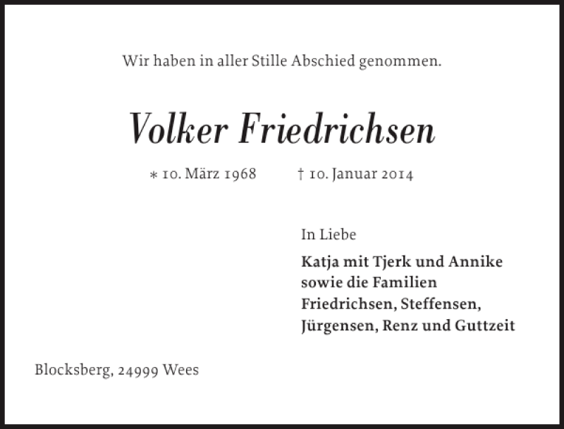  Traueranzeige für Volker Friedrichsen vom 25.01.2014 aus Flensburger Tageblatt
