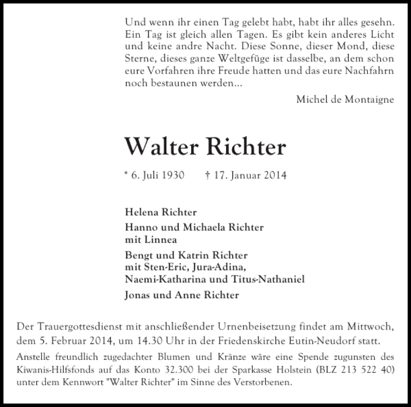  Traueranzeige für Walter Richter vom 25.01.2014 aus Ostholsteiner Anzeiger