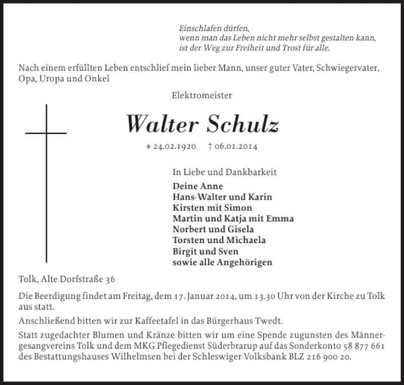  Traueranzeige für Walter Schulz vom 08.01.2014 aus Schleswiger Nachrichten