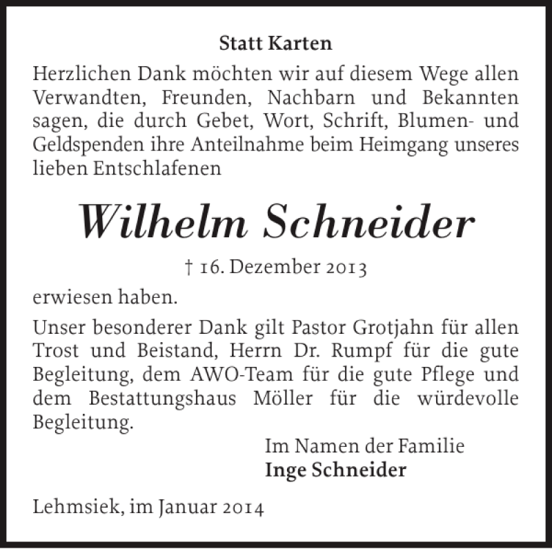  Traueranzeige für Wilhelm Schneider vom 25.01.2014 aus Eckernförder Zeitung