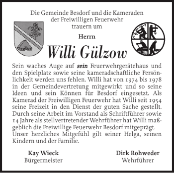 Traueranzeige von Willi Gülzow von Norddeutsche Rundschau