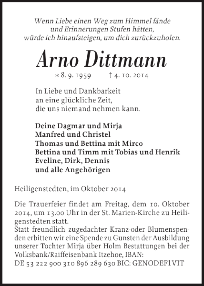  Traueranzeige für Arno Dittmann vom 07.10.2014 aus Norddeutsche Rundschau