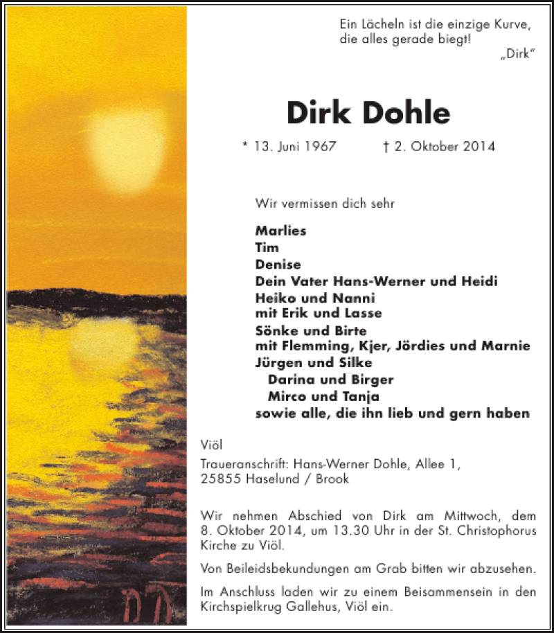  Traueranzeige für Dirk Dohle vom 06.10.2014 aus Flensburger Tageblatt
